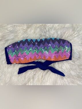 Victoria's Secret Multicolor Sequin Bandeau Bikini Top with Navy Tie